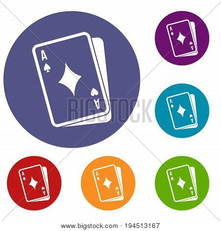 Playing card icons set in flat circle reb, blue and green color for web