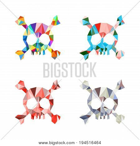Triangle polygonal multicolored skull and bones. Set. Template. Vector illustration. Light background. Eps10.