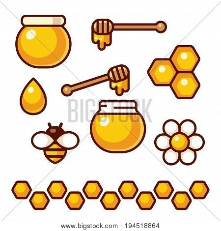 Honey icon set. Bee and flower honey jar and spoon. Cartoon vector clip art illustration.