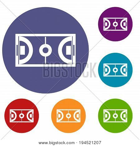 Futsal or indoor soccer field icons set in flat circle reb, blue and green color for web