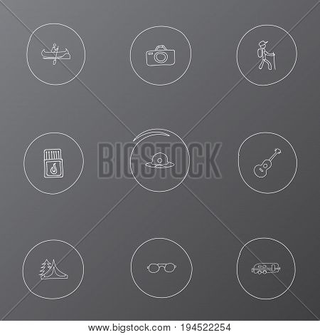 Set Of 9 Editable Trip Icons. Includes Symbols Such As Camp House, Camper, Photographing And More. Can Be Used For Web, Mobile, UI And Infographic Design.