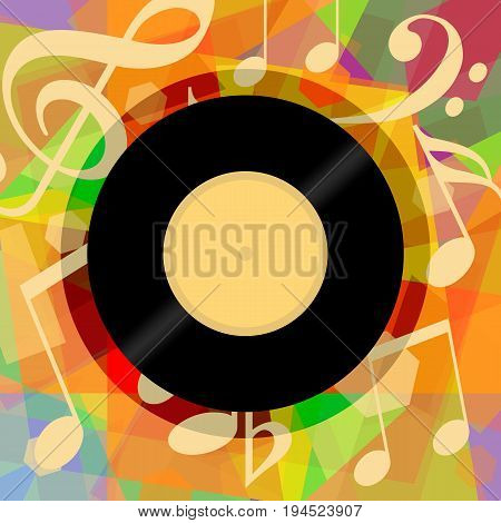 Musical background with vinyl record and music notes