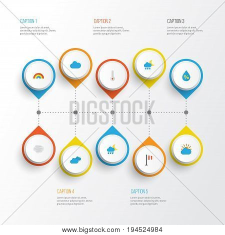 Air Flat Icons Set. Collection Of Banner, Hailstones, Bow And Other Elements. Also Includes Symbols Such As Bow, Temperature, Sky.