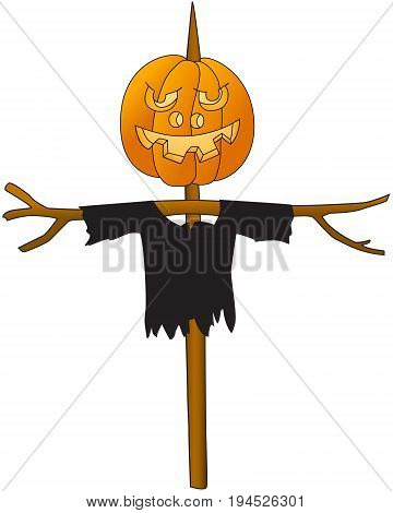 Halloween. Pumpkin on a pole. Scarecrow kitchen garden. Cartoon image. White background. Vector illustration