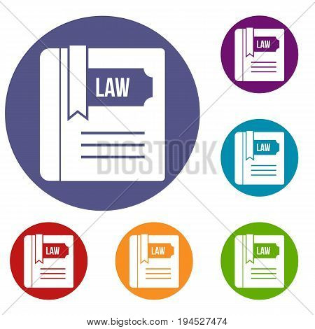 Law book icons set in flat circle reb, blue and green color for web