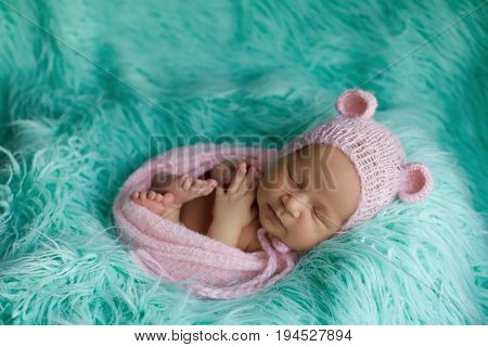 Newborn baby boy asleep wrapped in a knitted cocoon.