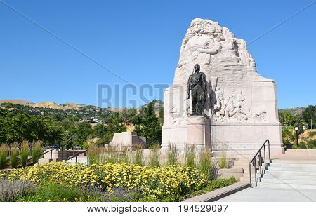 SALT LAKE CITY, UTAH - JUNE 28, 2017: Mormon Battalion Monument. The monument commemorates the 500 Mormon volunteers who joined the U.S. Army during the Mexican War. 