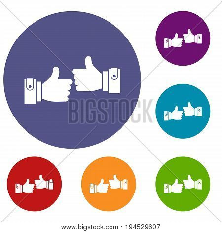 Male hands showing Ok sign icons set in flat circle reb, blue and green color for web