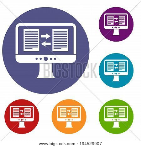 Translator app on the screen of computer icons set in flat circle reb, blue and green color for web