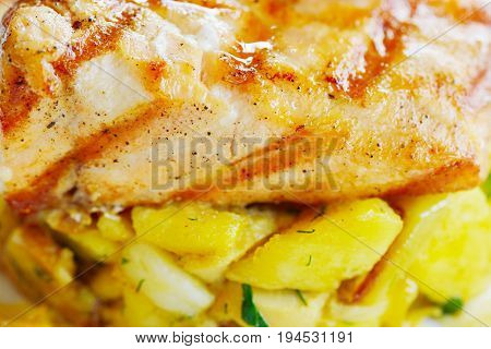 Grilled salmon closeup with potetos and green onions