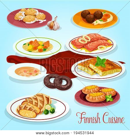 Finnish cuisine traditional food icon with fish vegetable cream soup, potato dumpling, cabbage casserole, meatball with potato mash, salmon steak, rice and fish pie. Scandinavian dinner menu design