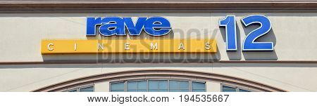PERRYSBURG OH - JUN 25: The logo for Rave Cinemas in Perrysburg OH is shown here on June 25 2017. They were bought by Cinemark in 2013.
