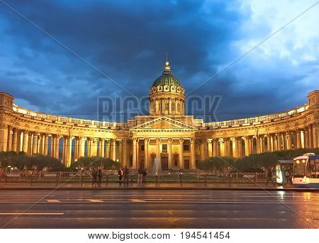 St. Petersburg RUSSIA MAY 23 2017: Night scene of Kazan (Kazanskiy) Cathedral in Saint-Petersburg. Russia. Located on Nevsky Prospekt in the center of the city.