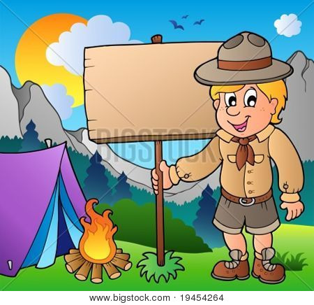 Scout Jungen holding Board outdoor - vector Illustration.