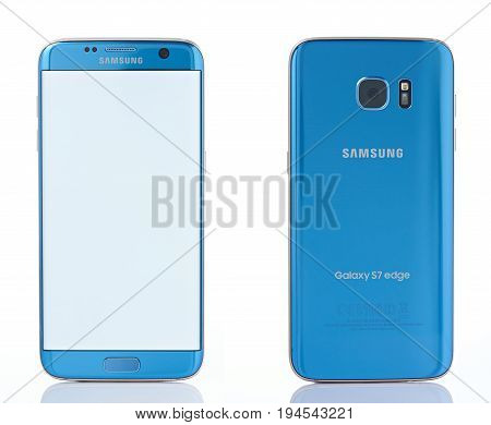 New york, USA - July 7, 2017: Back and front view of blue smartphone Samsung Galaxy S7 edge isolated on white background