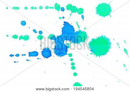 Abstract two-color blue green ink splash. Ink blots. Elements of design. The water-soluble ink on white paper Leste. Abstractionism