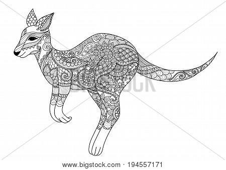 Zendoodle design of jumping kangaroo for design element and adult or kid coloring book page. Vector illustration