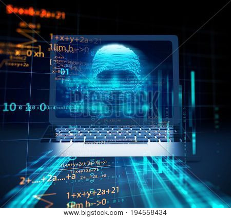 Blue Digital Cyber Hacker On Laptop Screen 3D Illustration