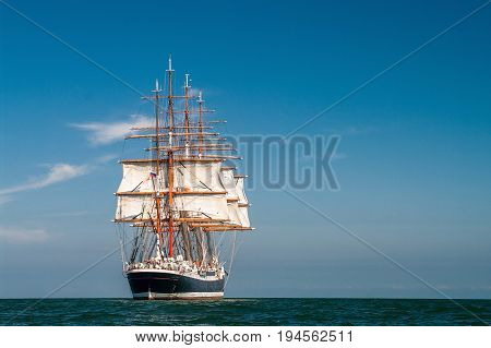 Clear sky, sunny afternoon , Four-masted barque rear view