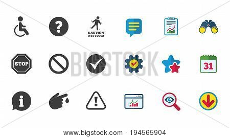 Attention caution icons. Question mark and information signs. Injury and disabled person symbols. Calendar, Report and Download signs. Stars, Service and Search icons. Statistics, Binoculars and Chat