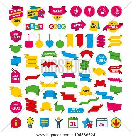 Bar or Pub icons. Glass of beer and champagne signs. Alcohol drinks and cocktail symbols. Shopping tags, banners and coupons signs. Calendar, Information and Download icons. Stars, Statistics and Chat