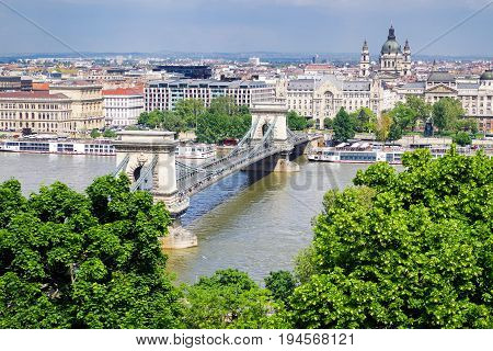 Chain bridge in Budapest from Buda castle hill in Hungary
