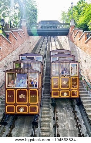 BuDAPEST HUNGARY - MAY 6: Castle hill funicular called Budavari siklo on May 6 2017 in Budapest