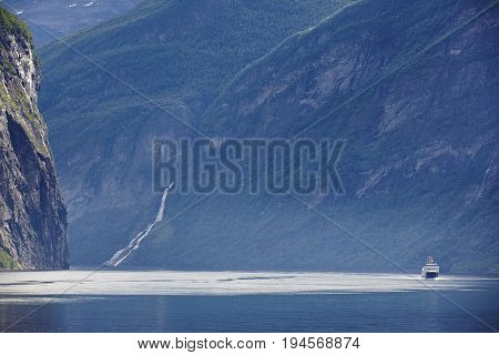 Norwegian fjord landscape. Hellesylt Geiranger cruise travel. Tourism