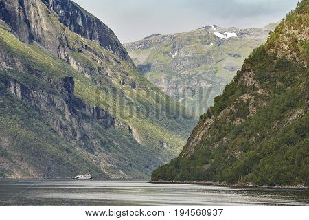 Norwegian fjord rocky landscape. Hellesylt Geiranger travel route. Tourism