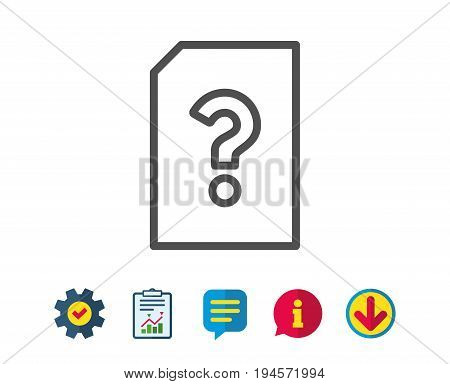 Unknown Document line icon. File with Question mark sign. Untitled Paper page concept symbol. Report, Service and Information line signs. Download, Speech bubble icons. Editable stroke. Vector