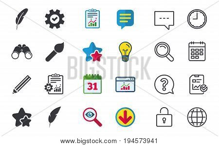 Feather retro pen icons. Paint brush and pencil symbols. Artist tools signs. Chat, Report and Calendar signs. Stars, Statistics and Download icons. Question, Clock and Globe. Vector