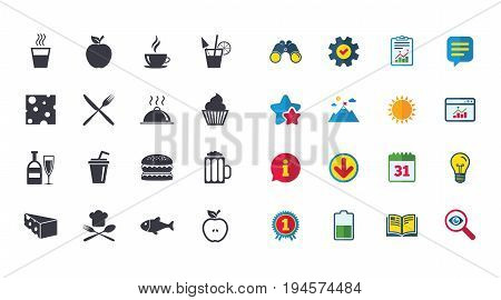 Set of Food and Drinks icons. Restaurant meal, Wine and Cheese signs. Burger, Coffee and Beer symbols. Calendar, Report and Browser window signs. Stars, Service and Download icons. Vector