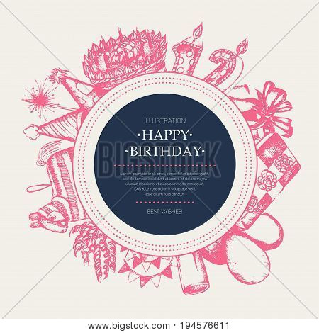 Happy Birthday - modern vector hand drawn round banner with copy space. Realistic gift, cap, flag, cake, balloon, color wheel, candle number, Bengal light, pop gun, pinyata. Celebrate your party.