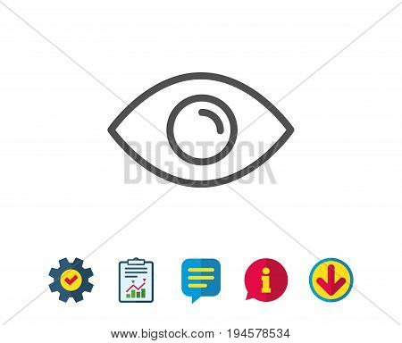 Eye line icon. Look or Optical Vision sign. View or Watch symbol. Report, Service and Information line signs. Download, Speech bubble icons. Editable stroke. Vector