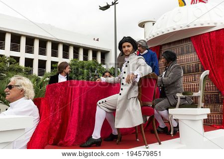 FUNCHAL PORTUGAL - SEPTEMBER 4 2016: Group of people in traditional costume durnig historical and ethnographic parade of Madeira Wine Festival in Funchal. Madeira Portugal