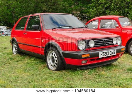 Llangollen Wales UK - July 1 2017: Volkswagen Golf GTI Mark 2 a classic German hot hatch from the 1980s the Mk2 featured a 1.8 litre fuel injected engine often described as a hot hatch