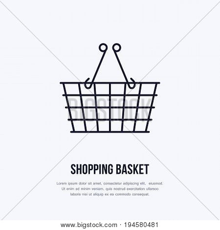 Shopping basket vector flat line icons. Retail store supplies, trade shop, supermarket equipment sign. Commercial trolley object thin linear sign for warehouse store.