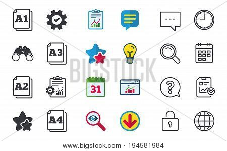 Paper size standard icons. Document symbols. A1, A2, A3 and A4 page signs. Chat, Report and Calendar signs. Stars, Statistics and Download icons. Question, Clock and Globe. Vector