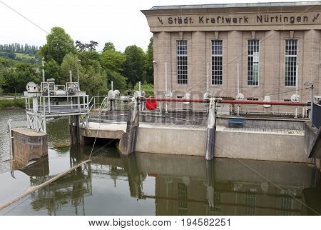 NURTINGEN GERMANY- MAY 31 2012: hydroelectric power station on the river Neckar in the Nurtingen in southern Germany