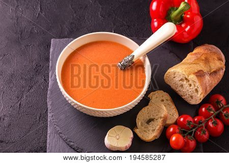 Italian Tomato Soup Gazpacho With Basil, Tomatoes And Baguette