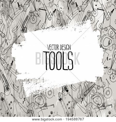 Grunge frame with doodle tools on background. Vector graphic design