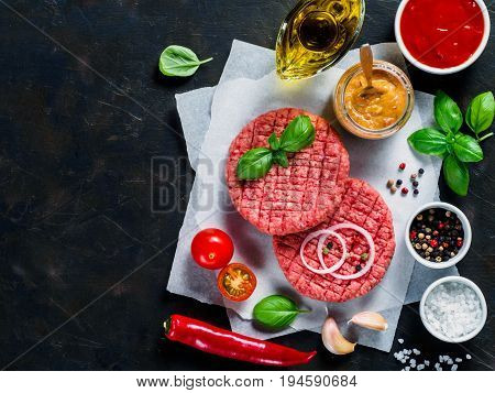 Raw Beef Meat Steak Cutlets For Burger With Spices And Vegetables