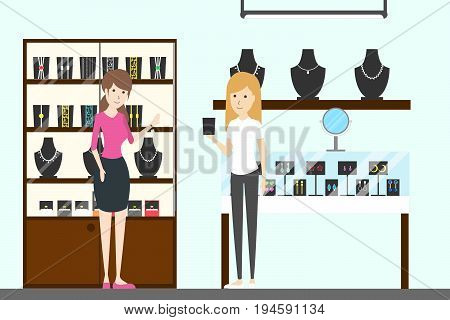 Jewelry store interior on white background. Women buy jewelries.