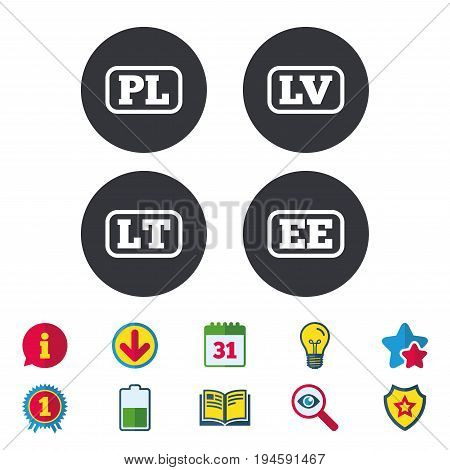 Language icons. PL, LV, LT and EE translation symbols. Poland, Latvia, Lithuania and Estonia languages. Calendar, Information and Download signs. Stars, Award and Book icons. Vector