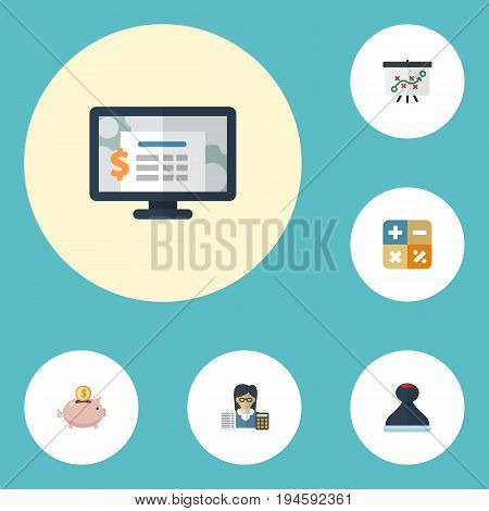 Flat Icons Bookkeeper, Moneybox, Algebra And Other Vector Elements. Set Of Accounting Flat Icons Symbols Also Includes Calculate, Tactics, System Objects.