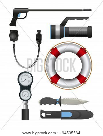 Set of diving equipment. Knife, speargun, flashlight, lifebuoy and other