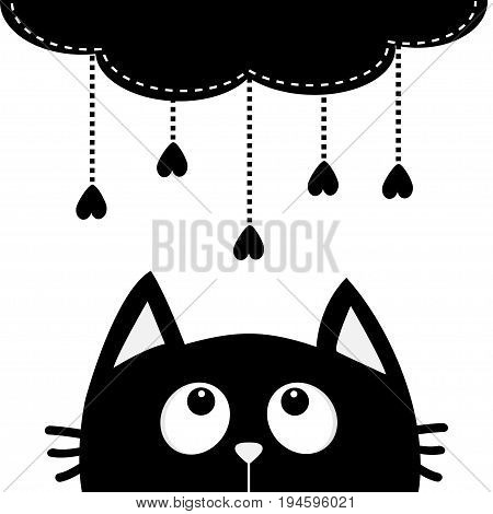 Black cat looking up to cloud with hanging heart rain drops. Dash line set. Cute cartoon character. Valentines Day. Kawaii animal. Love Greeting card. Flat design. White background Isolated. Vector