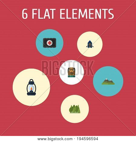 Flat Icons Bag, Wood, Ship And Other Vector Elements. Set Of Encampment Flat Icons Symbols Also Includes Lighter, Boat, Chest Objects.