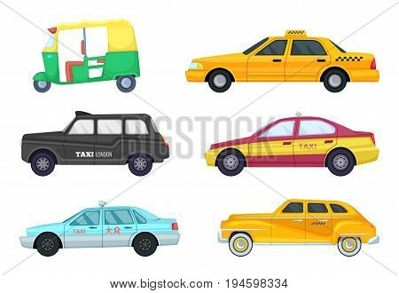 Taxi cars in different cities. Transport for fast traveling. Vector illustrations set of retro and modern taxi cars