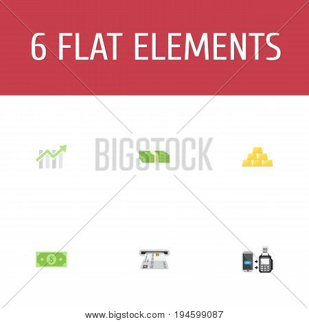 Flat Icons Teller Machine, Remote Paying, Bar Diagram And Other Vector Elements. Set Of Finance Flat Icons Symbols Also Includes Chart, Salary, Currency Objects.